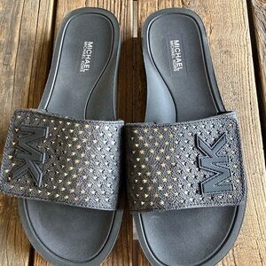 Michael Kors Black Stars Bling Velcro Slides NWT 7